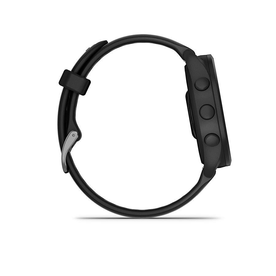 Garmin Forerunner 165 Music smartwatch with berry silicone wristband and lilac display, showing fitness tracking features.