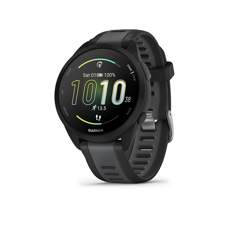 Garmin Forerunner 165 Music watch with berry silicone wristband and lilac face display on a white background.