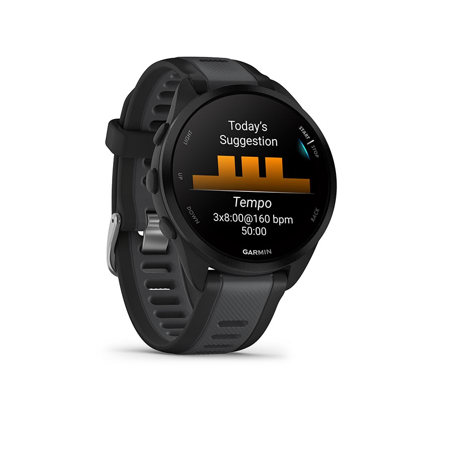 Garmin Forerunner 165 Music smartwatch with lilac silicone wristband, display showing time and music controls.