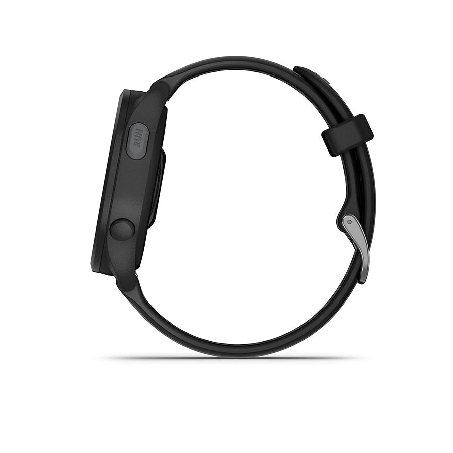 Garmin Forerunner 165 Music smartwatch with berry wristband and lilac silicone strap on display.