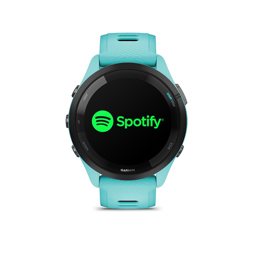 Garmin Forerunner 265 Music smartwatch with black wristband and grey silicone strap, display showing fitness tracking features.