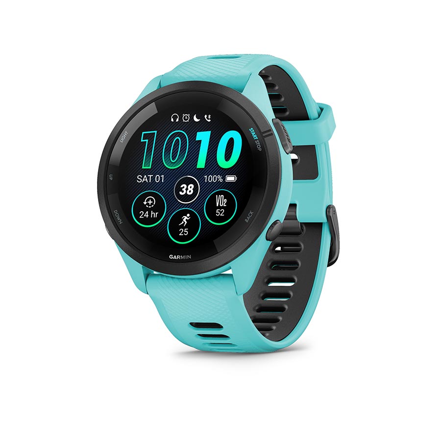 Garmin Forerunner 265 Music watch with black silicone wristband and grey powder accents on display.