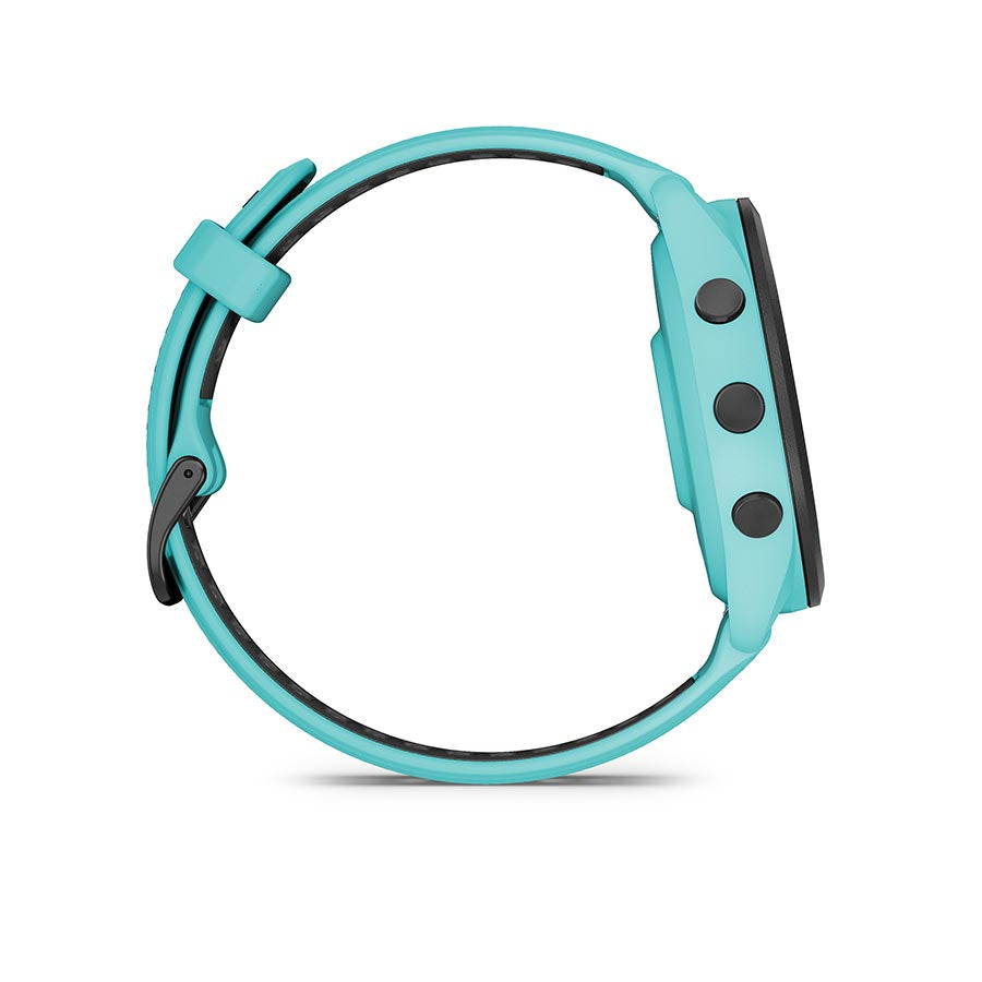 Garmin Forerunner 265 Music smartwatch with black silicone band and grey powder accents, displayed on a wrist.