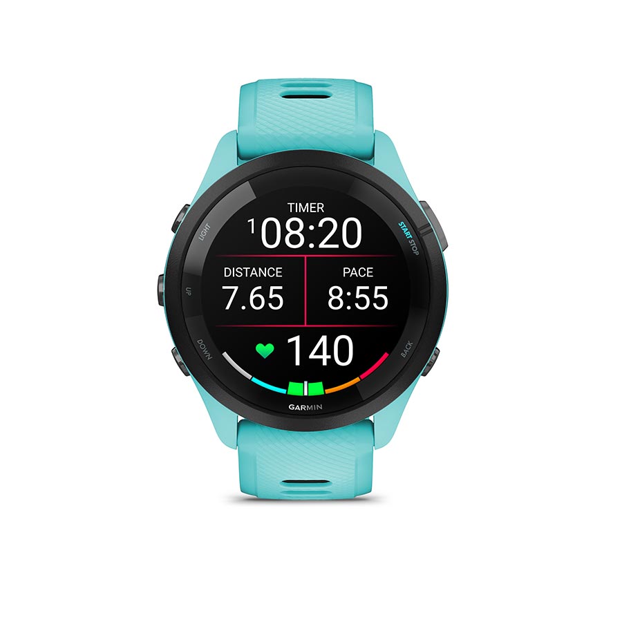 Garmin Forerunner 265 Music smartwatch with black silicone wristband and grey accents on a white background.