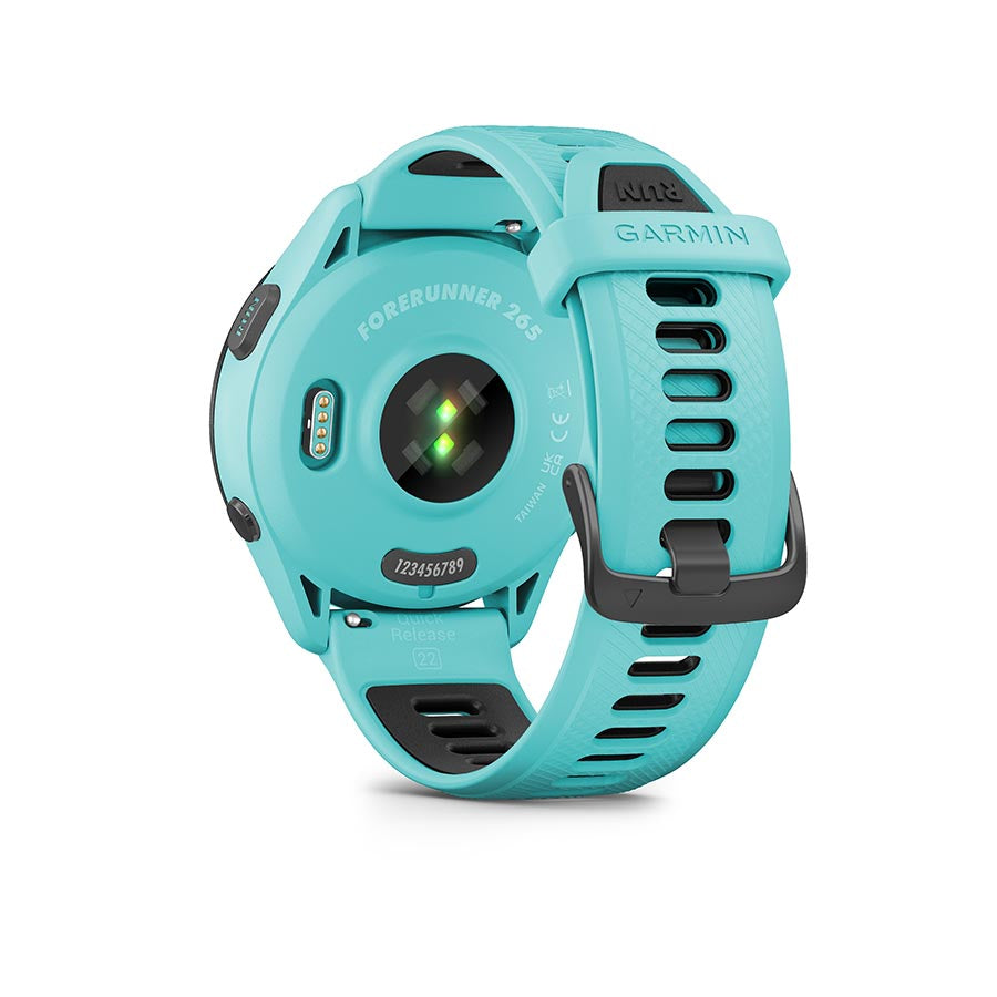 Garmin Forerunner 265 Music smartwatch with black silicone wristband and grey powder accents on display.