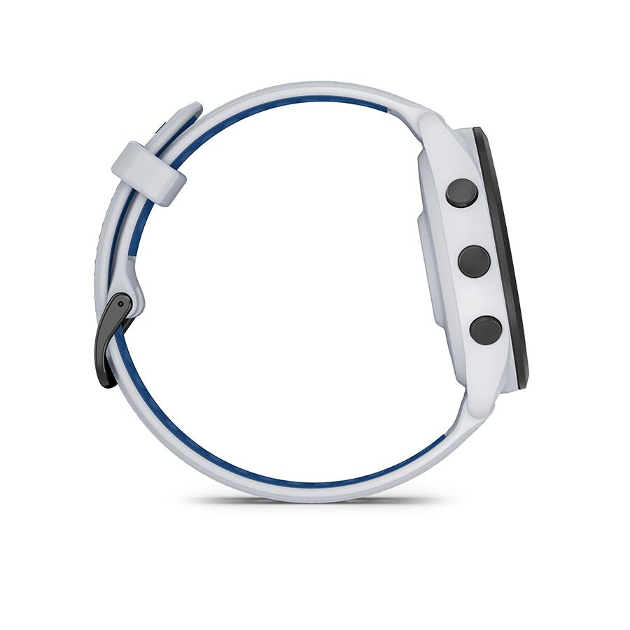 Garmin Forerunner 265 Music watch with black wristband and grey silicone strap, displaying a digital fitness interface.