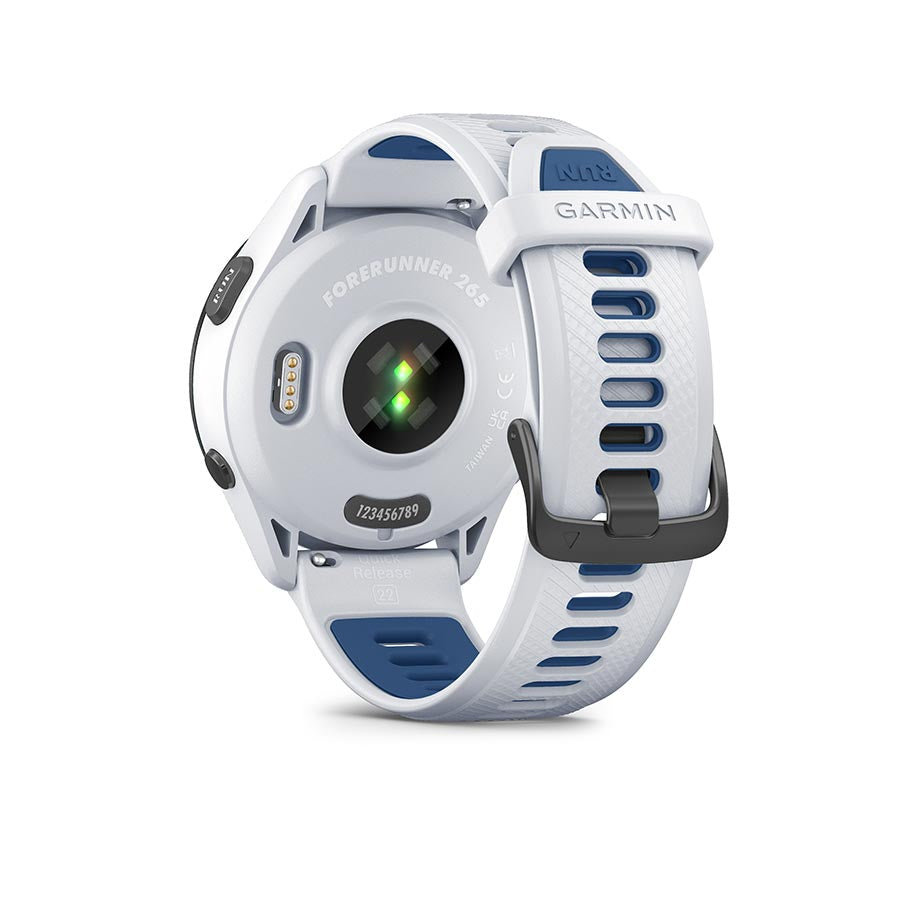 Garmin Forerunner 265 Music watch with black wristband and grey silicone strap on a plain background