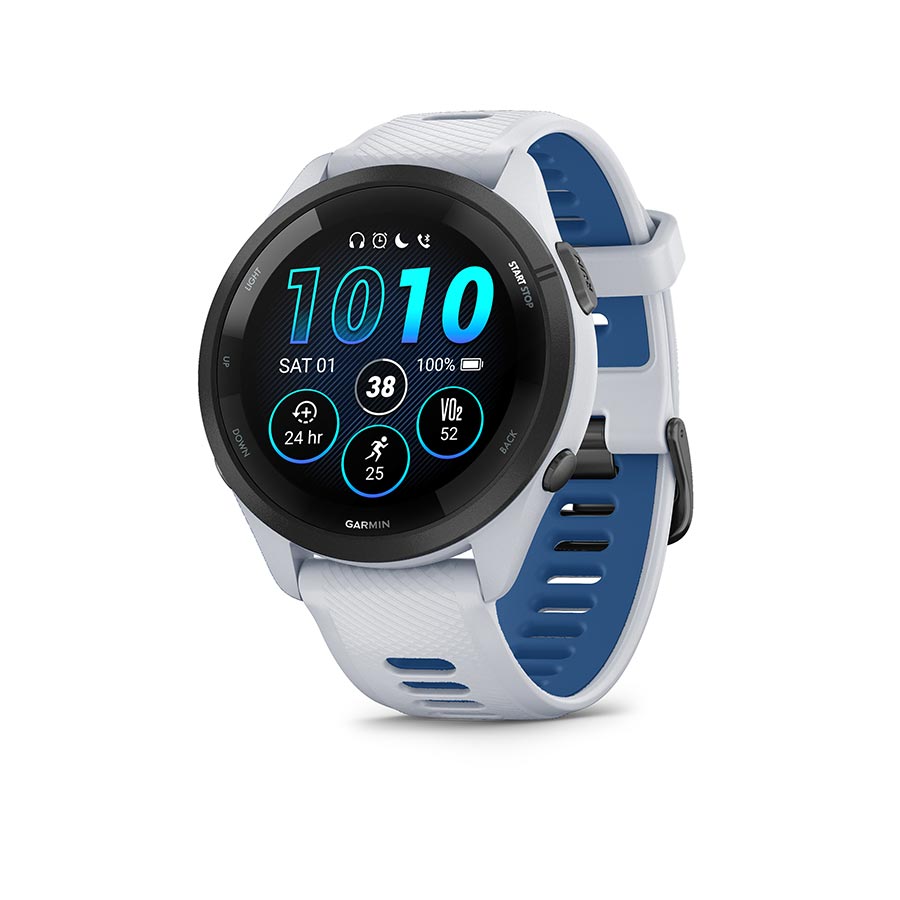 Garmin Forerunner 265 Music smartwatch with black silicone wristband and grey accents, displaying fitness data on the screen.