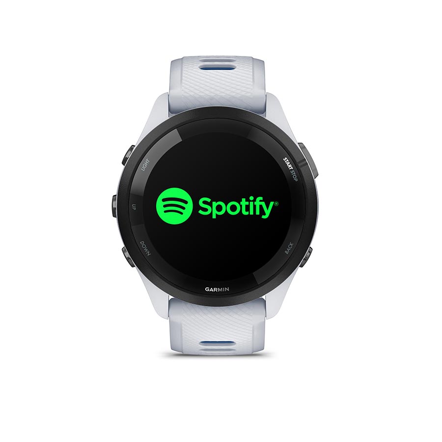 Garmin Forerunner 265 Music smartwatch with black wristband and grey silicone strap on display.