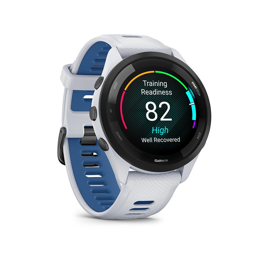 Garmin Forerunner 265 Music smartwatch with black silicone wristband, black and grey watch face, on a person's wrist.
