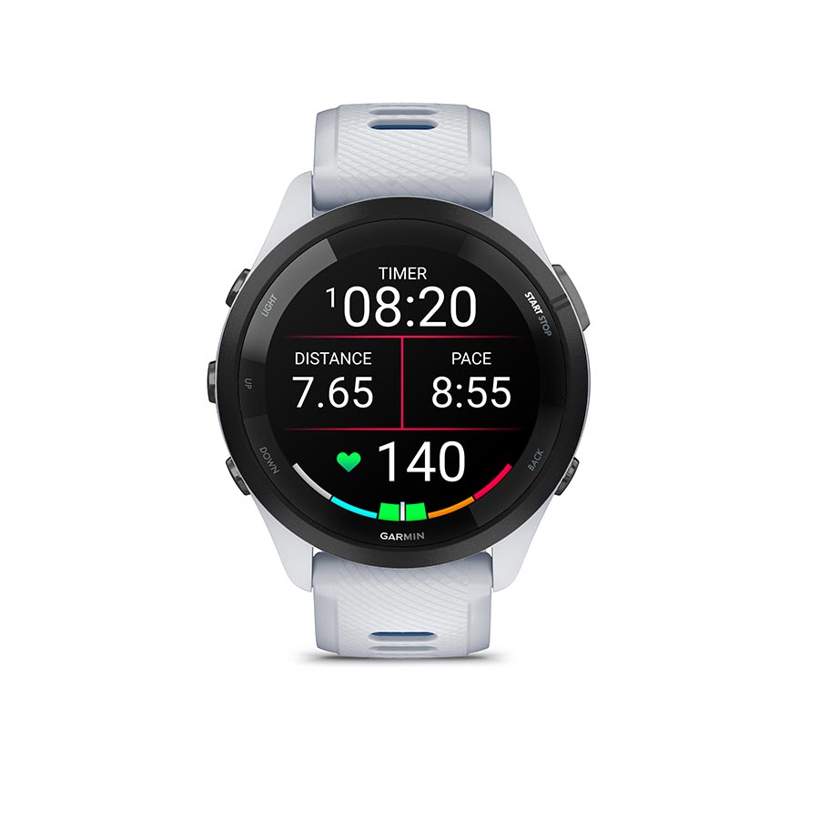 Garmin Forerunner 265 Music smartwatch with black silicone wristband and grey accents on display.