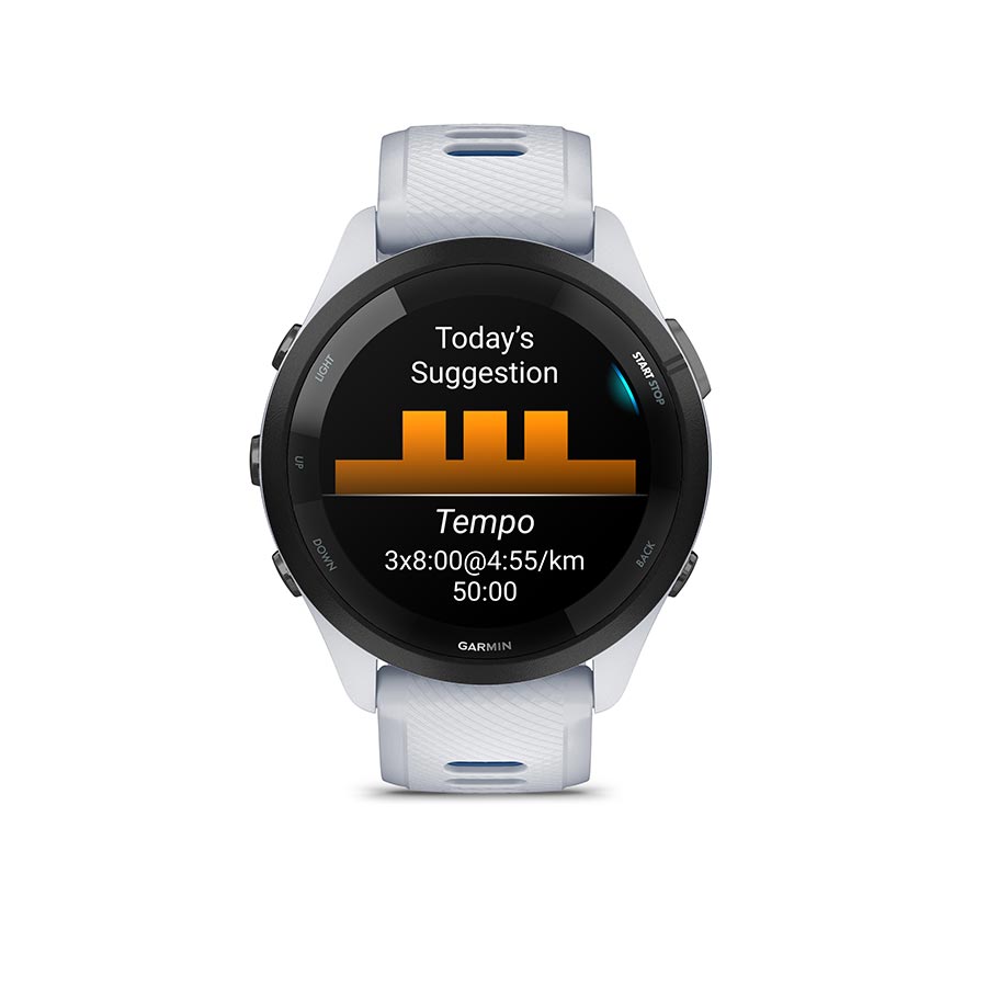 Garmin Forerunner 265 Music watch with black silicone wristband and grey watch face on a black background.