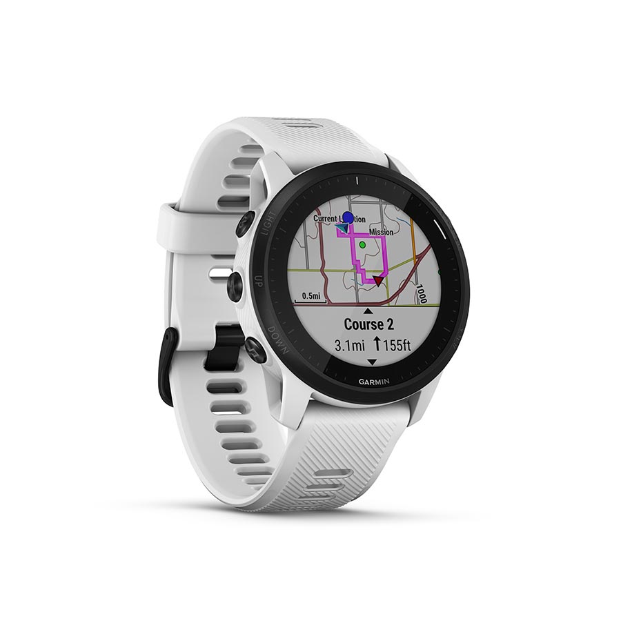 Garmin Forerunner 55 watch with aqua silicone wristband, showing digital display and sporty design.