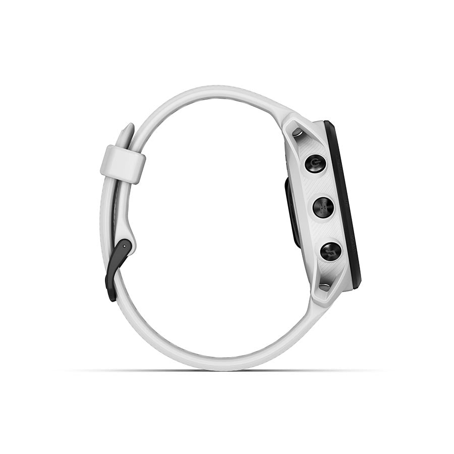 Garmin Forerunner 55 watch with aqua silicone wristband, displaying digital fitness tracking on a sleek smartwatch face.