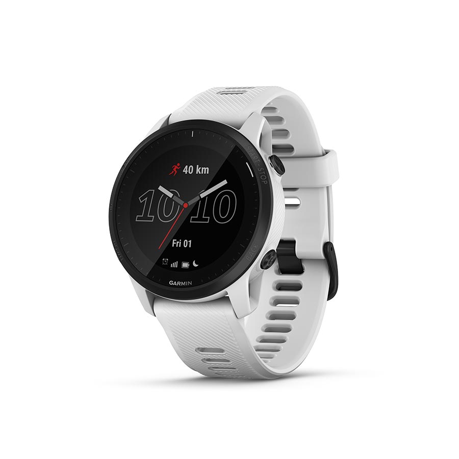 Garmin Forerunner 55 watch with aqua silicone wristband, showing digital display and fitness tracking features.