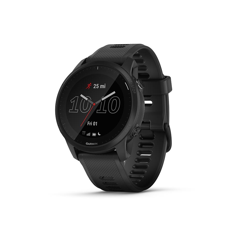 Garmin Forerunner 55 watch with aqua silicone wristband, displaying a digital watch face on a white background.