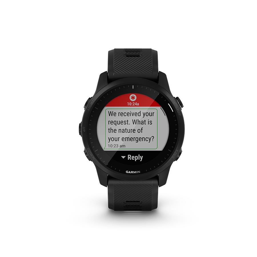 Garmin Forerunner 55 watch with aqua silicone wristband, displaying digital time on a sleek fitness watch face
