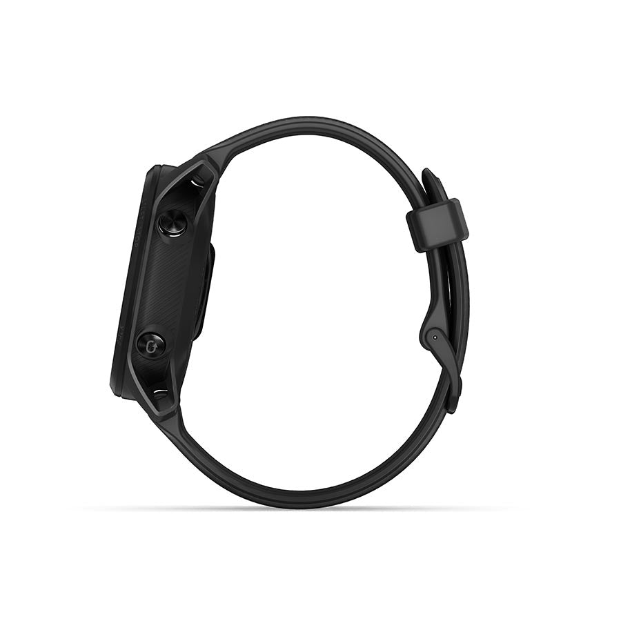 Garmin Forerunner 55 watch with aqua silicone wristband, showing digital display and fitness tracking features.