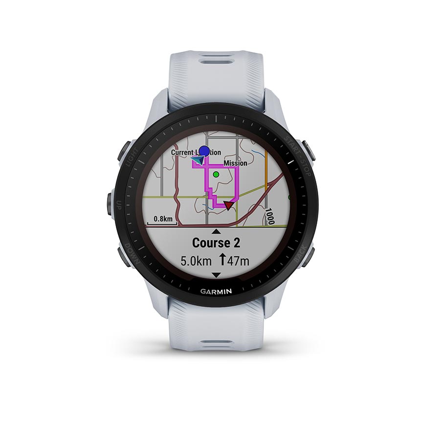 Garmin Forerunner 955 Solar watch with black silicone wristband, digital display, and solar charging features.