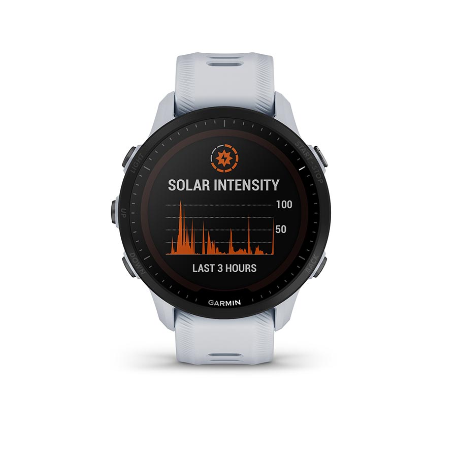 Garmin Forerunner 955 Solar smartwatch with black silicone wristband and display, designed for fitness and outdoor activities.