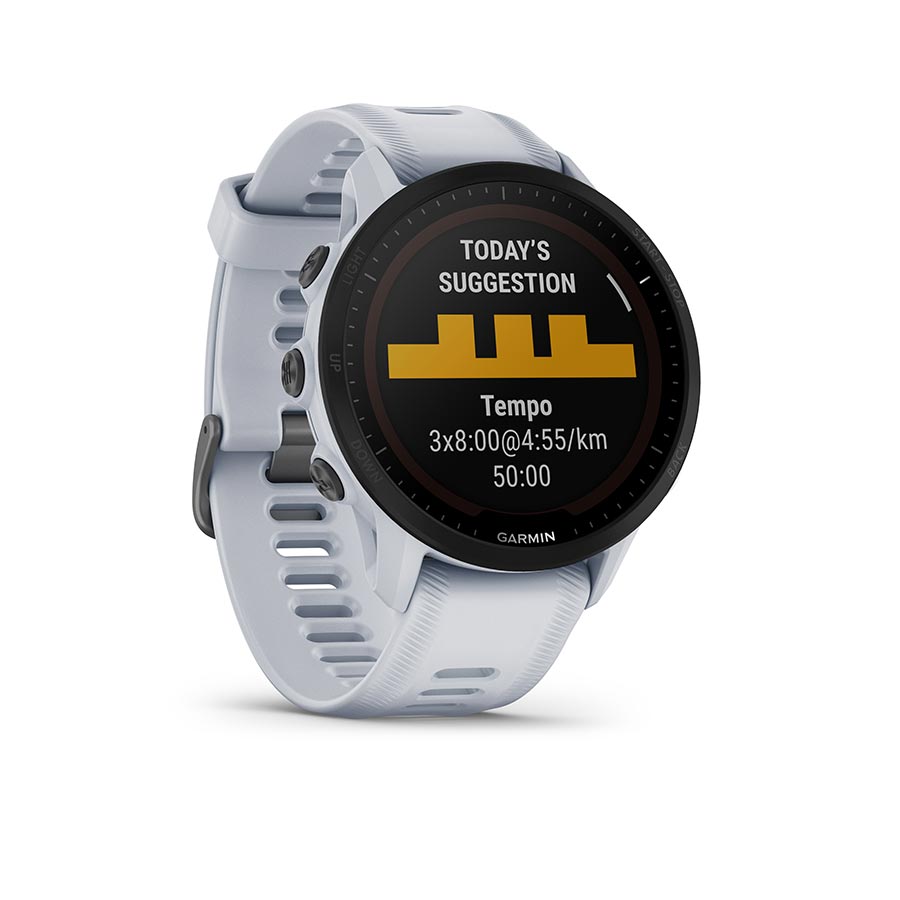 Garmin Forerunner 955 Solar smartwatch with black silicone wristband, digital display, and solar charging capabilities.