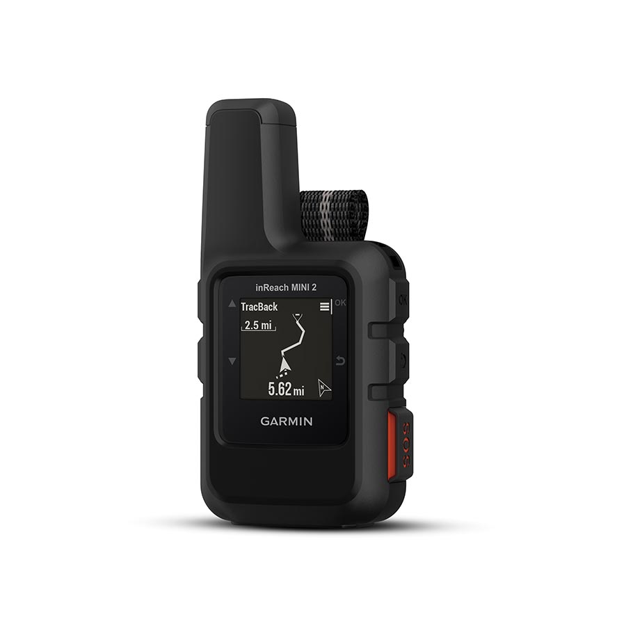 Red Garmin inReach Mini 2 satellite communicator and GPS device, compact computer for navigation and emergency communication.