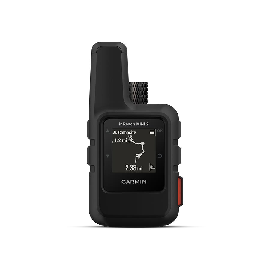 Garmin inReach Mini 2 GPS computer in red, compact satellite communicator device with screen and control buttons.