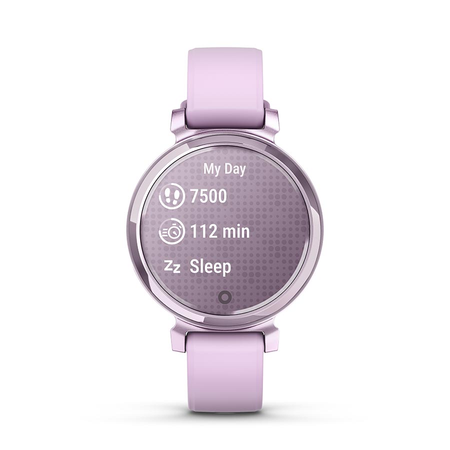 Garmin Lily 2 smartwatch with cream gold wristband and coconut silicone strap, displayed on a white background.