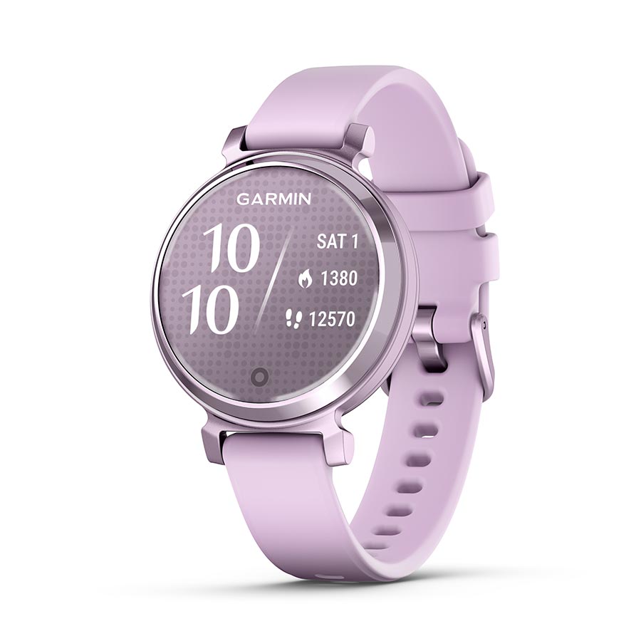 Garmin Lily 2 smartwatch with cream gold wristband and coconut silicone strap on a white background