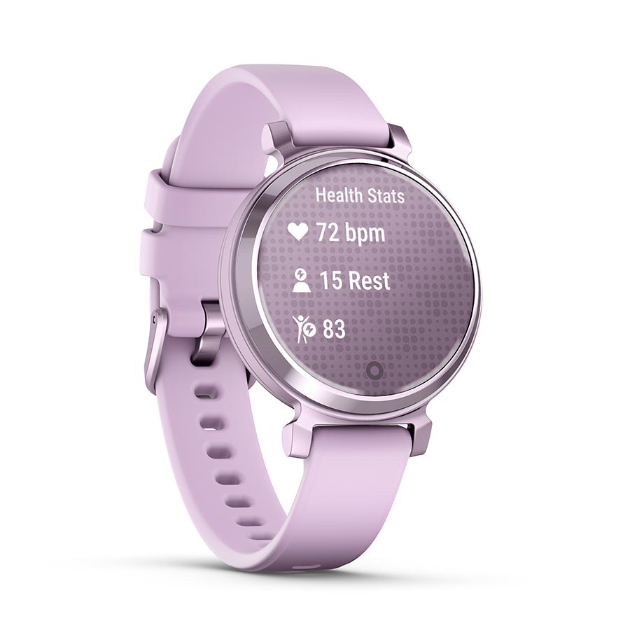 Garmin Lily 2 smartwatch with cream gold wristband and coconut silicone strap, close-up view of the watch face and band.