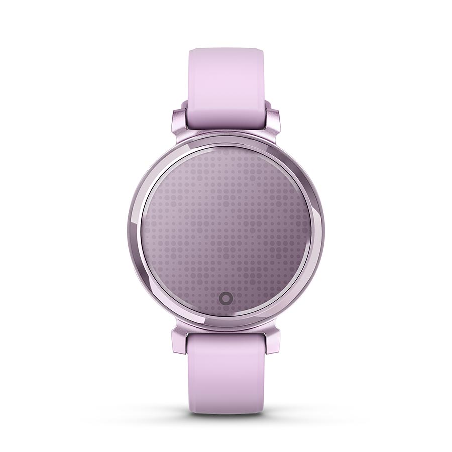 Garmin Lily 2 smartwatch with a cream gold wristband and coconut silicone strap on a white background.