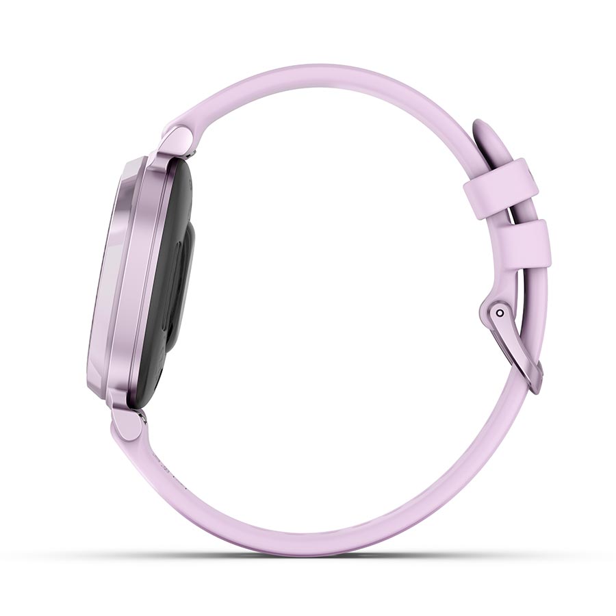 Garmin Lily 2 smartwatch with cream gold wristband and coconut silicone strap, displayed on a wrist.
