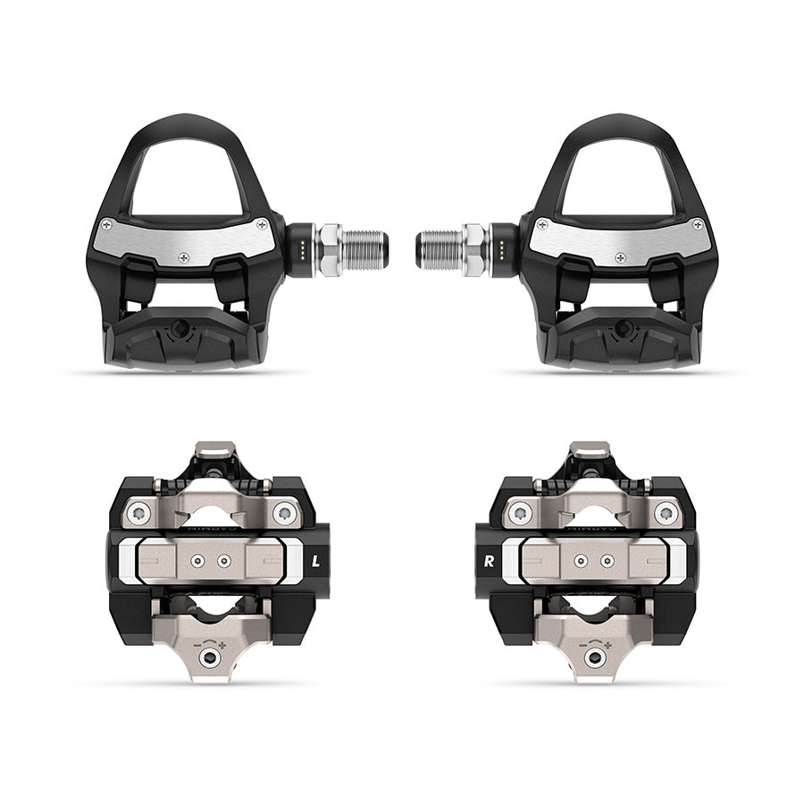Garmin Rally RK/XC210 clipless road pedals with composite body, carbon spindle, stainless steel cleats, black finish.