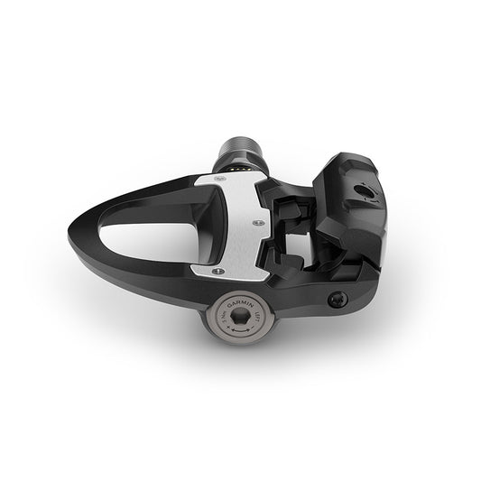 Garmin Rally RS clipless road pedals with composite body, stainless steel spindle, black finish, single-sided design.