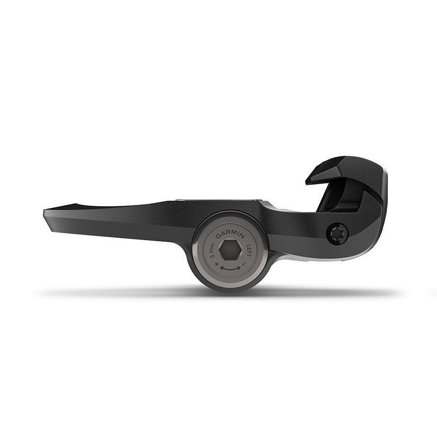 Garmin Rally RS clipless road pedals with composite body, stainless steel spindle, black finish, single-sided design.