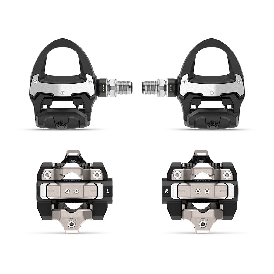 Garmin Rally RS/XC210 clipless road pedals with composite body, carbon spindle, stainless steel components, black finish.