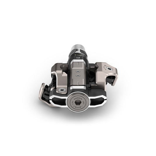 Garmin Rally XC clipless MTB pedals with carbon body, stainless steel spindle, black finish, single-sided design for mountain biking.