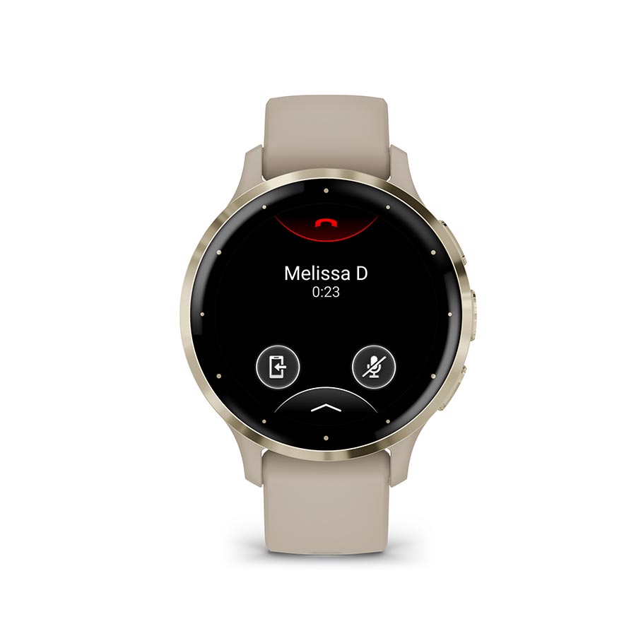 Garmin Venu 3S smartwatch with grey silicone wristband and display, showcasing a sleek, modern design.