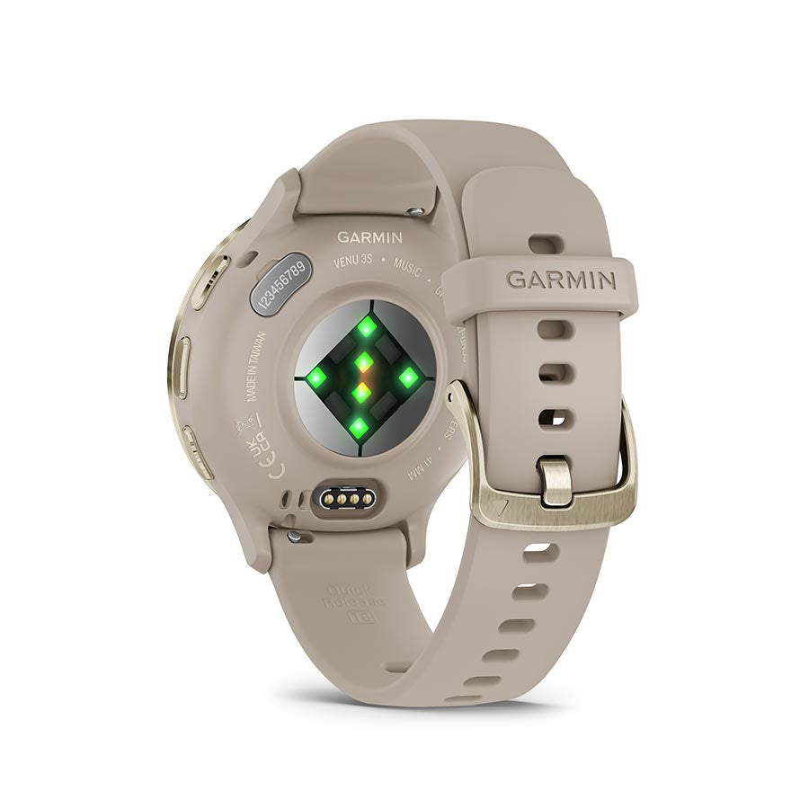 Garmin Venu 3S smartwatch with grey silicone wristband, display showing time and health tracking features.