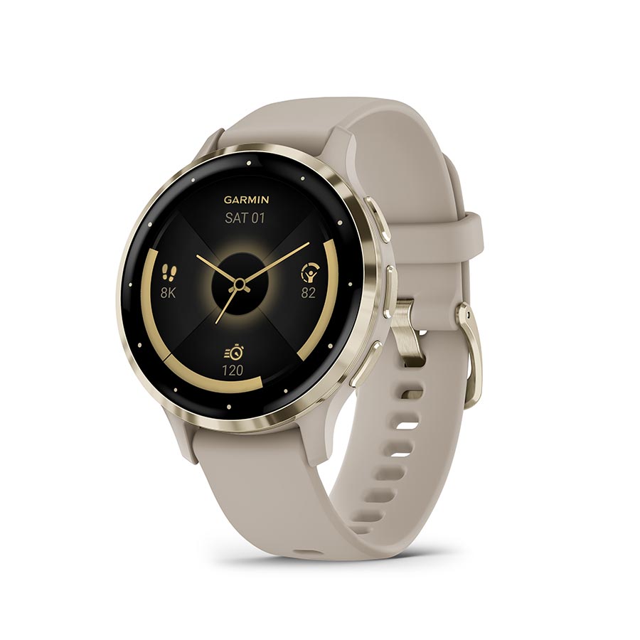 Garmin Venu 3S smartwatch with grey silicone wristband, displaying a digital watch face on a clean background.