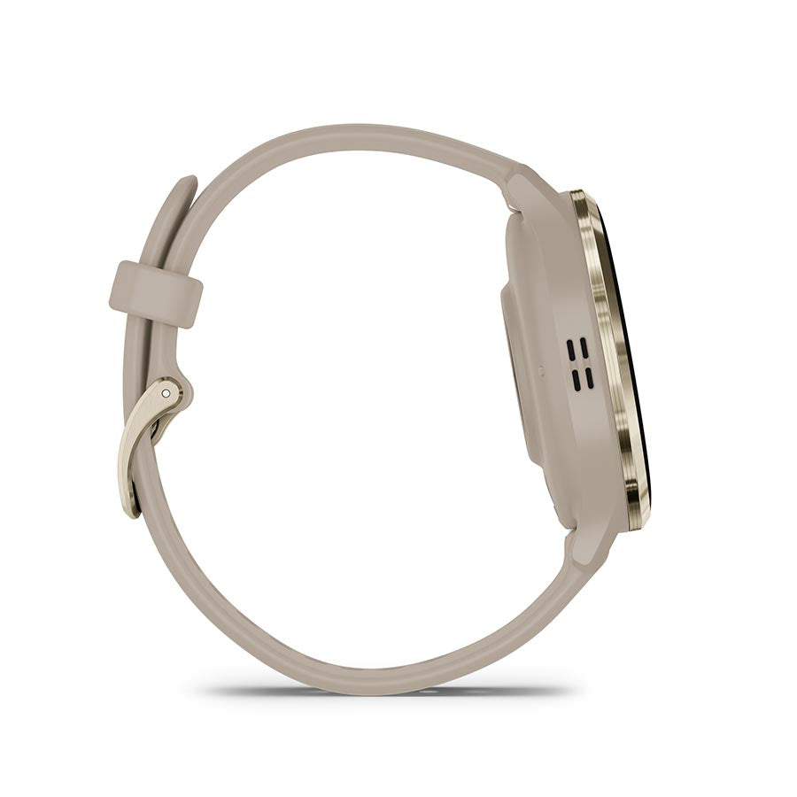 Garmin Venu 3S smartwatch with a grey silicone wristband, showcasing a sleek design on the wrist.