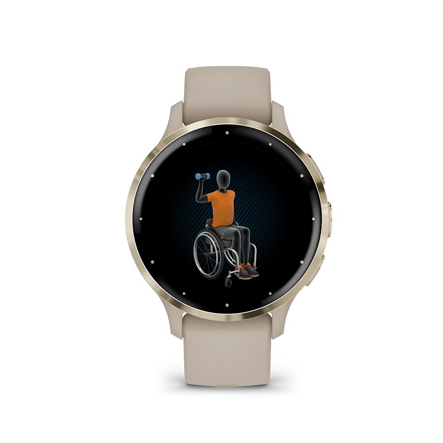 Garmin Venu 3S smartwatch with grey silicone wristband, showing a sleek, modern design on a person's wrist.