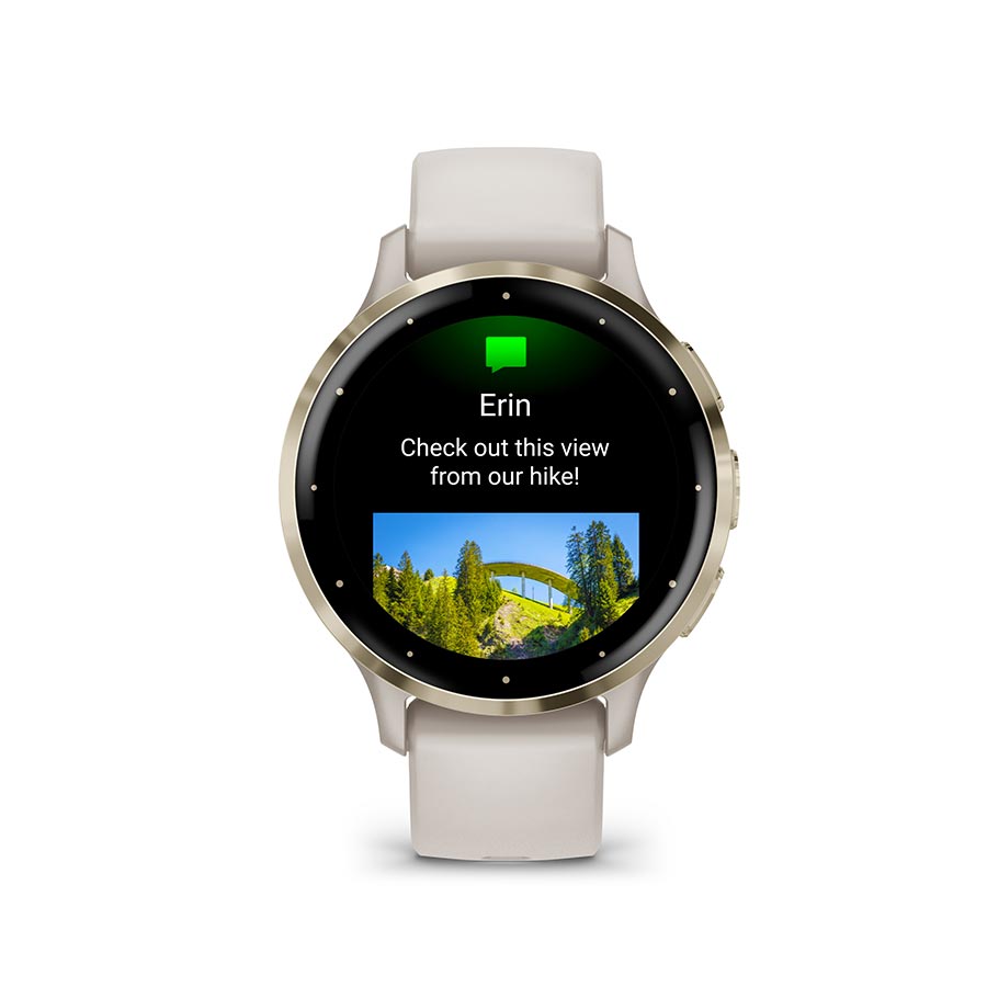 Garmin Venu 3S smartwatch with a grey silicone wristband, displaying a digital watch face on a sleek grey watch body.