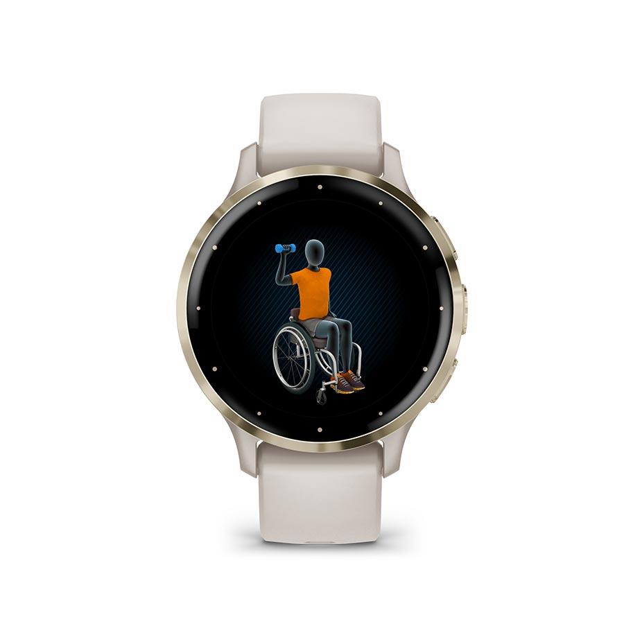 Garmin Venu 3S smartwatch with grey silicone wristband, displaying a digital watch face on a grey background.