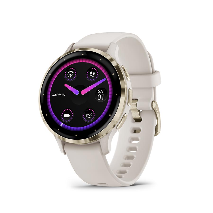 Garmin Venu 3S smartwatch with a grey silicone wristband, displaying a digital watch face on a grey background.