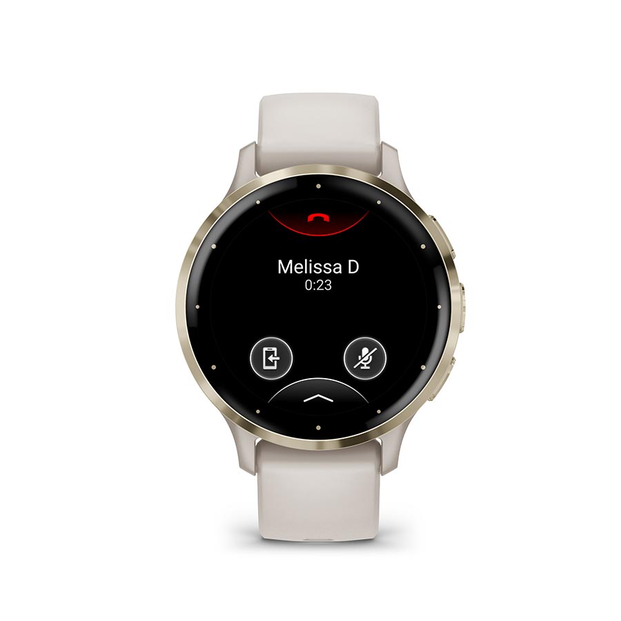 Garmin Venu 3S smartwatch with grey silicone wristband showing digital display on a person's wrist