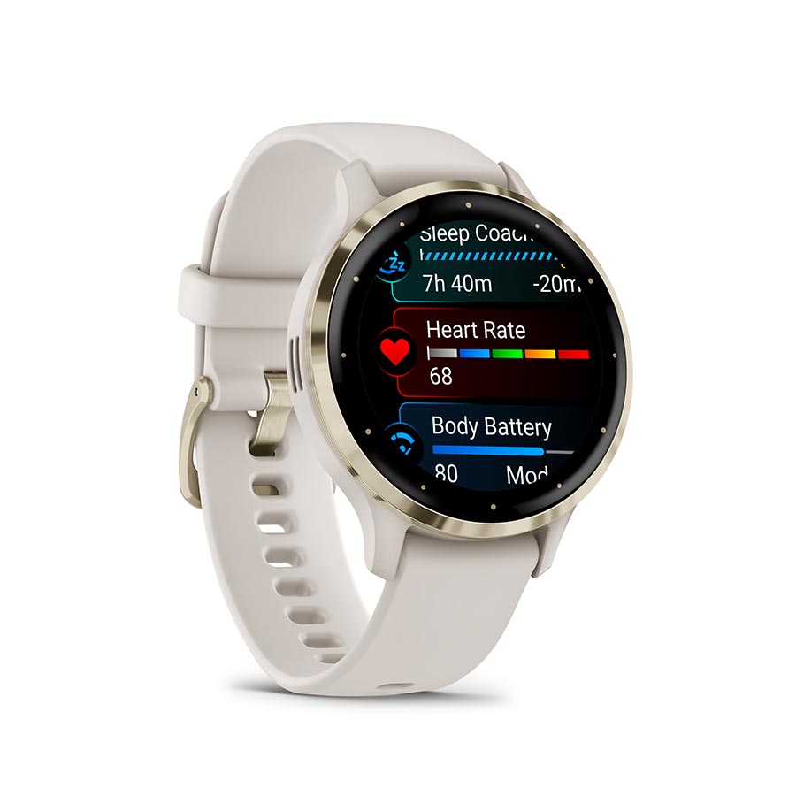 Garmin Venu 3S smartwatch with grey silicone wristband, displaying a sleek, modern design on the wrist