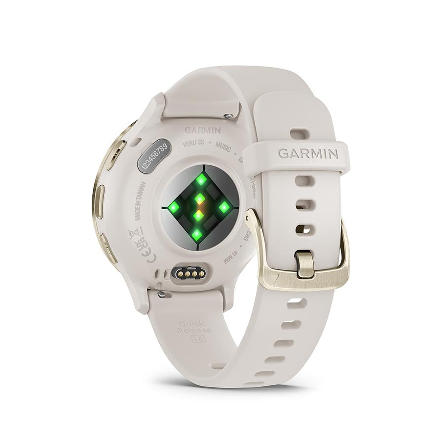 Garmin Venu 3S smartwatch with grey silicone wristband, digital display and sleek design on a grey background.