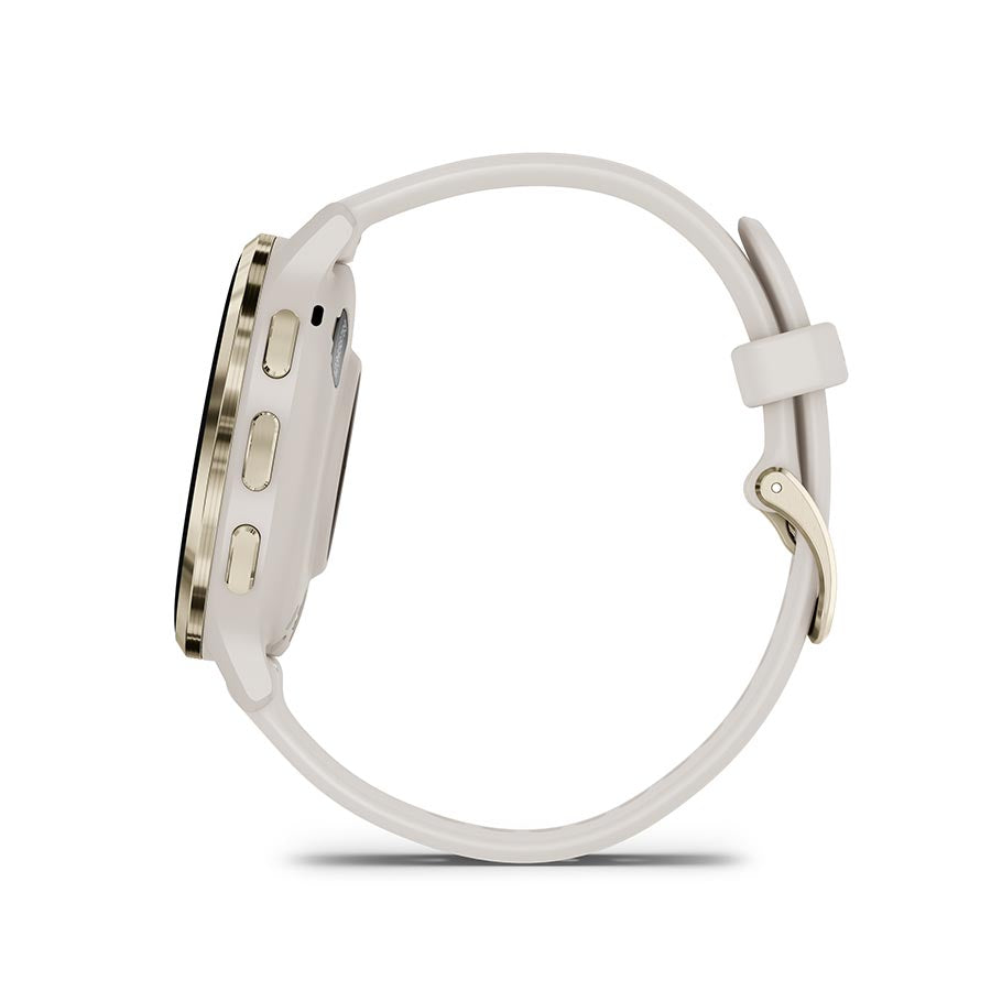 Garmin Venu 3S smartwatch with grey silicone wristband, displaying a sleek, modern design on a grey background.