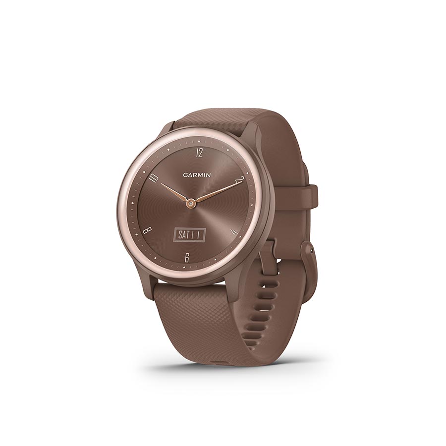 Garmin Vivomove Sport watch with black silicone wristband and black watch face on wrist.